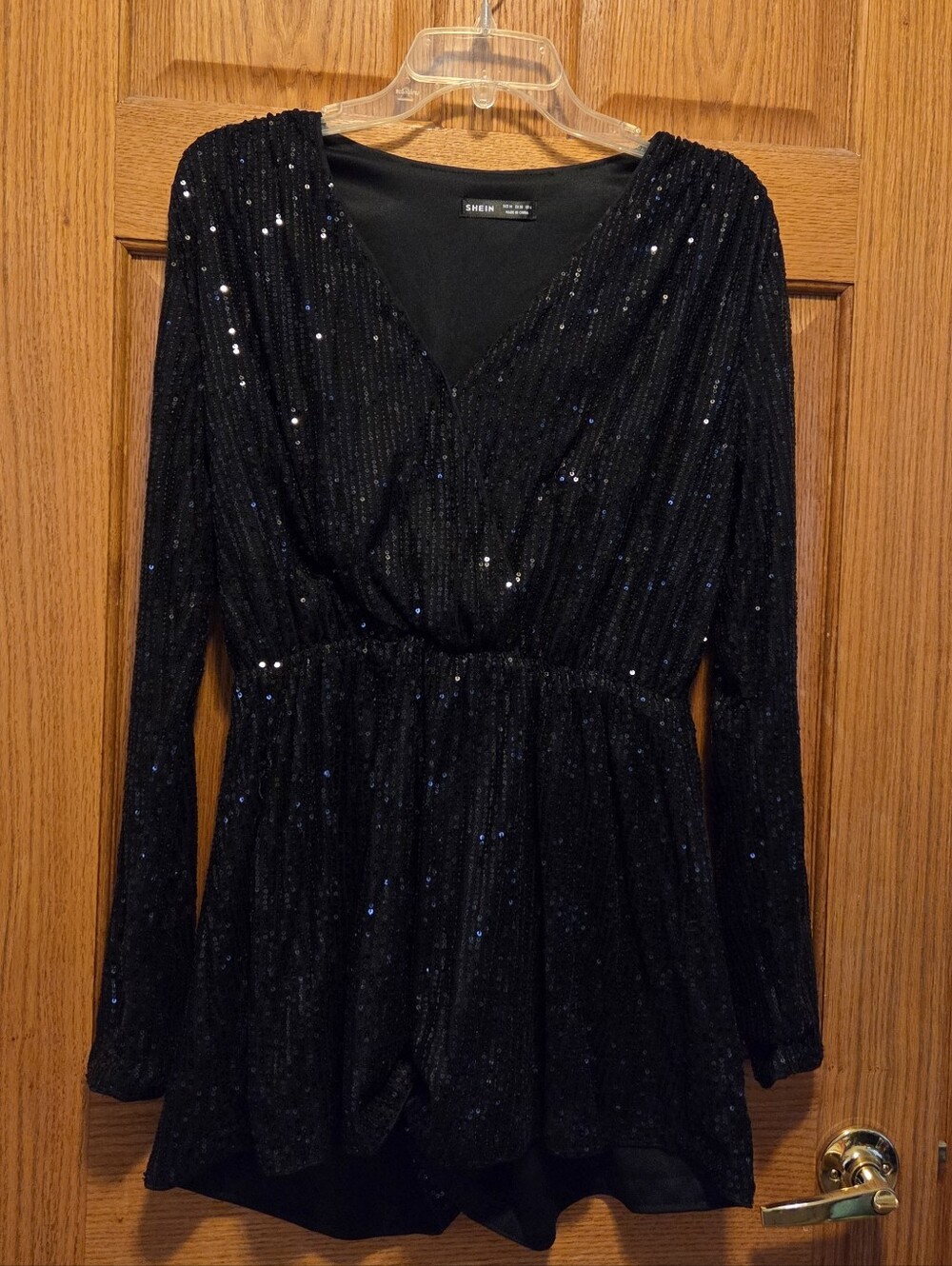 SHEIN Black Sequin V-Neck Long Sleeve Romper